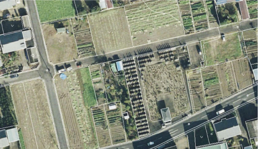 畑や住宅を真上から写した航空写真